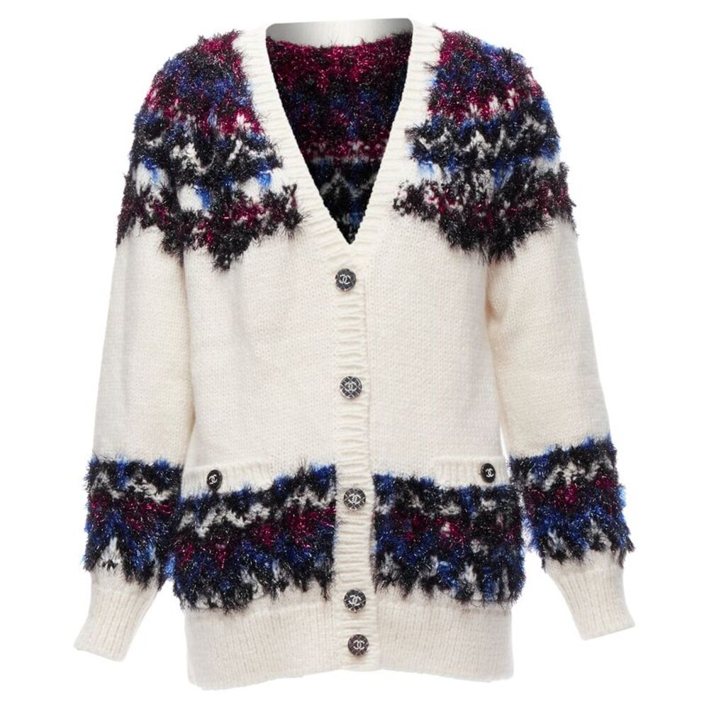 Chanel fluffy lurex intarsia crystal cc button cardigan